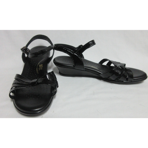 SAS Sandals Women 9W Black Comfort Shoes Wedge Heel Buckle Open Toes Made USA - Picture 1 of 12